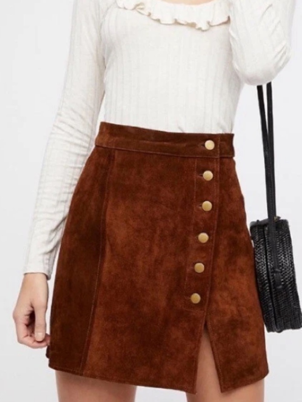 Free People Understated Leather Mini Skirt Brown Suede Button Front Size S
